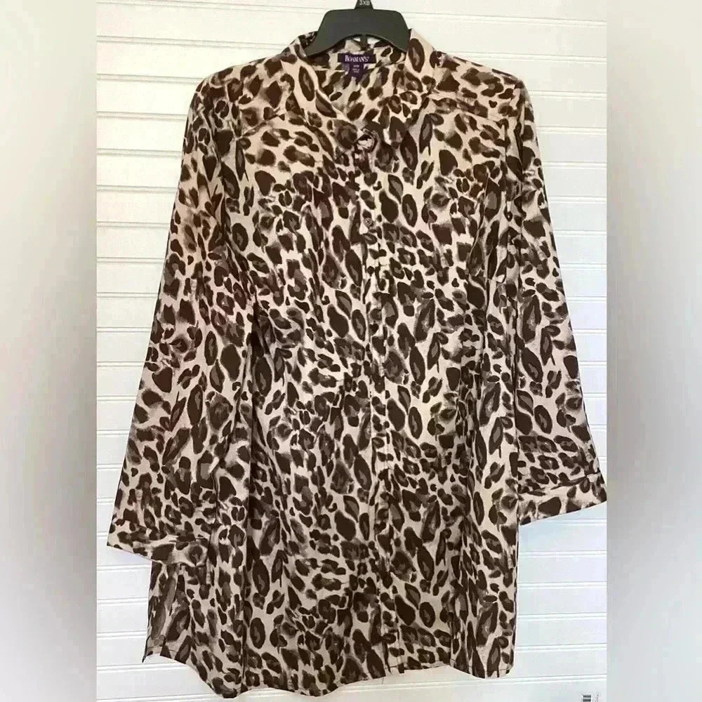 Roamans Womens Top Brown Leopard Print Long Sleeve Tunic Button Up Plus 30W